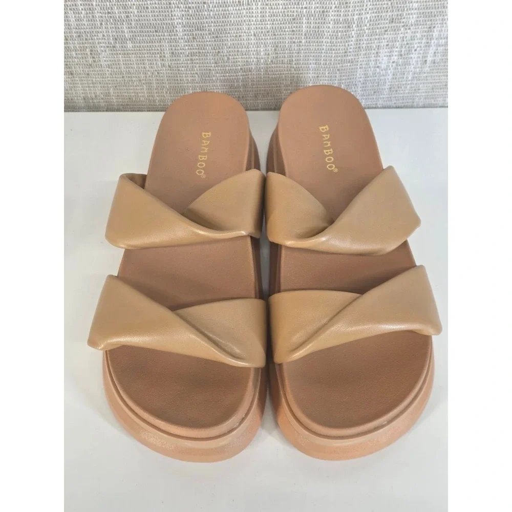 Bamboo‎ Reiki-11 Tan Platform Slide Sandals Double Twist Strap Size 11 052/022